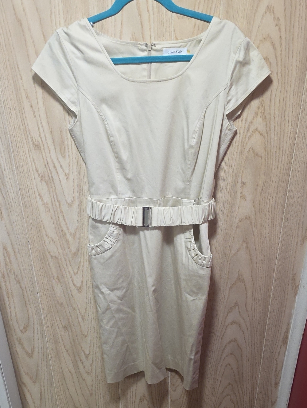 Calvin Klein Cream Belted Cap-Sleeve Sheath Dress